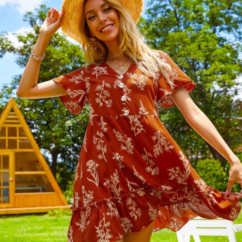 New Shein Plant Print Button Front Smock Dress